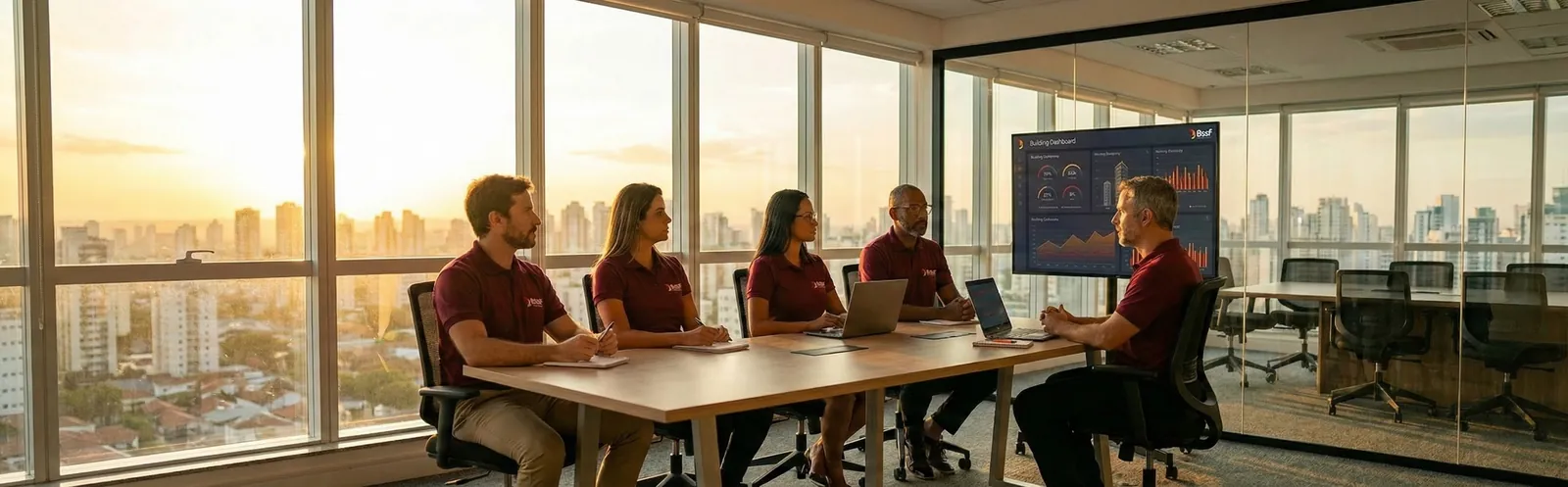 Cinco integrantes da equipe administrativa de camisa vinho em reunião, com telão de indicadores ao fundo